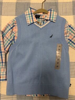 Nautica Light Blue V-Neck Sweater Vest with Pastel Plaid Shirt